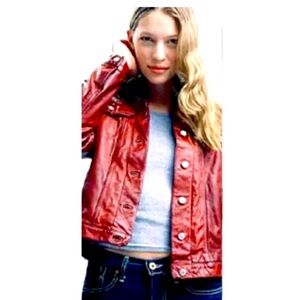 Gap Vintage 1999 Y2K Blood Red Dyed Leather Trucker Rockstar Jacket Medi…